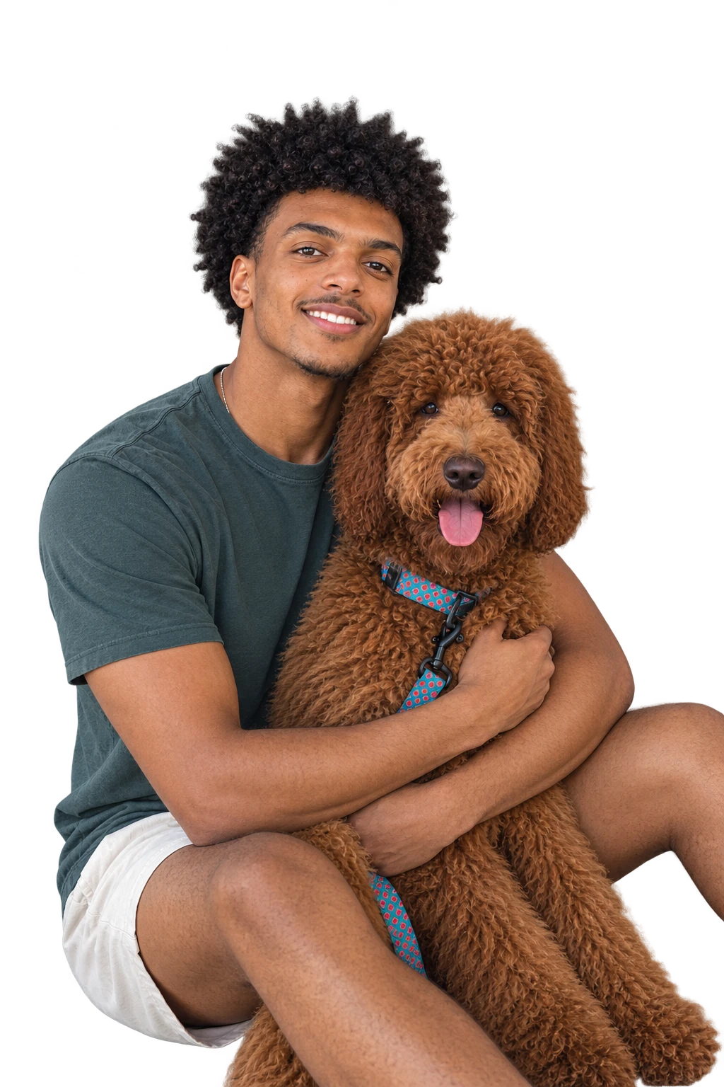 Nahom Fikru hugging his red Labradoodle, Roxy